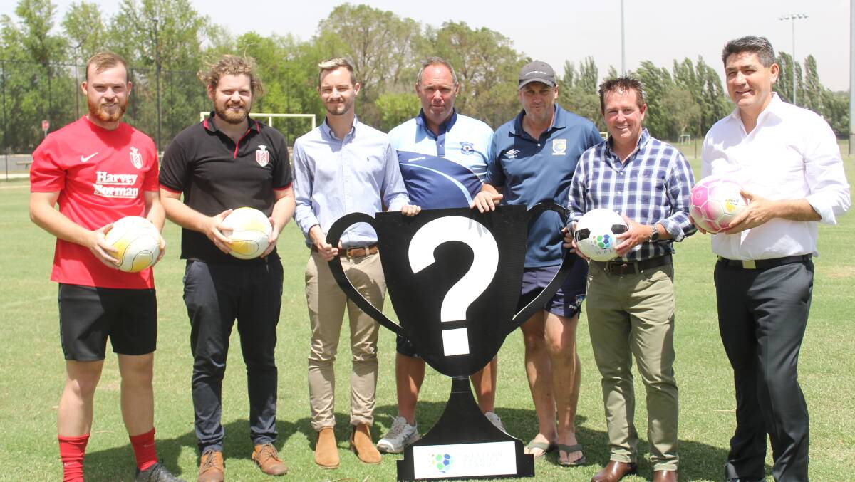 Panorama's Ryan Peacock, Brock Collins and Beau Yates, Bathurst District Football president Andrew Speed, Western NSW's Mark Comerford, Bathurst MP Paul Toole and Acting Minister for Sport Geoff Lee at Proctor Park on Thursday. Photo: BRADLEY JURD