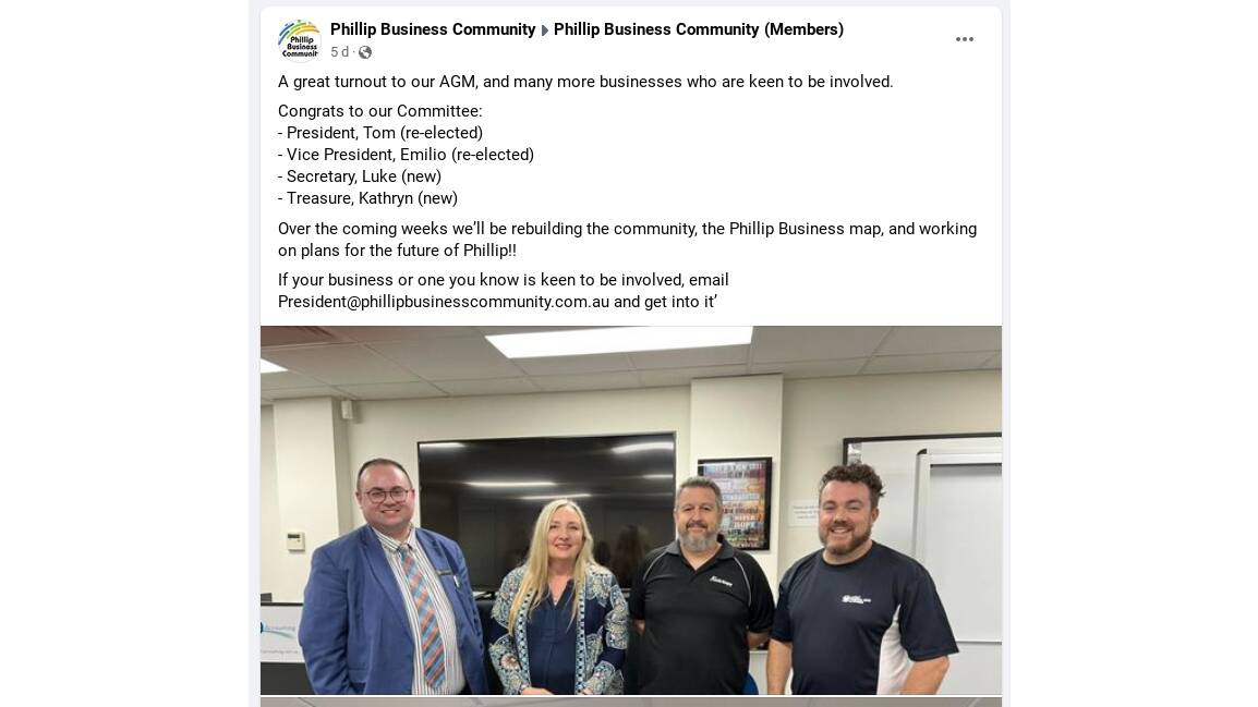 The Phillip Business Community advised members last week that Luke Hemmings, far left, had been elected secretary of the association. Picture: Facebook