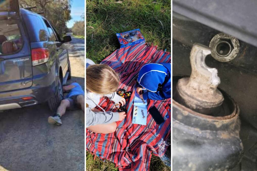Greg Smallwood trying to work on his car, his kids playing on the side of the road and a close up photo of his broken suspension. Pictures supplied. 