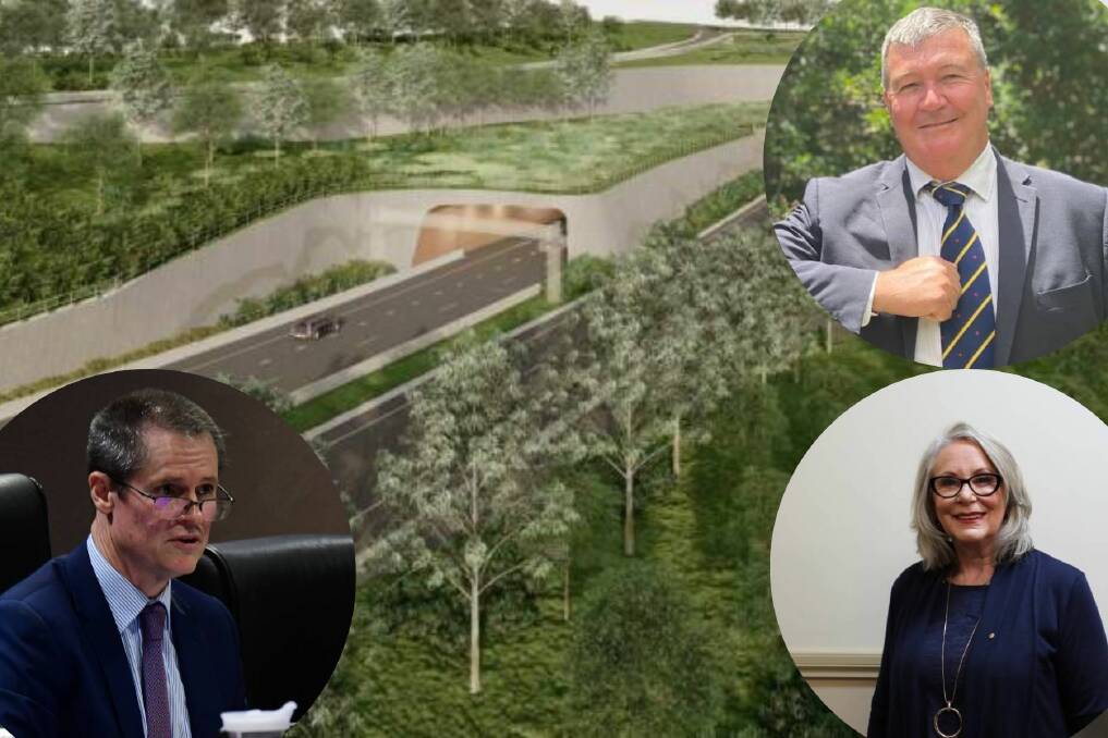 Dubbo mayor Mathew Dickerson (bottom left), Mayor of Cabonne Shire Council Kevin Beatty (top right) and Executive Member of Country Mayors Association, Forbes Shire Mayor Phyllis Miller (bottom right) in front of an image of the GWH tunnel. 
