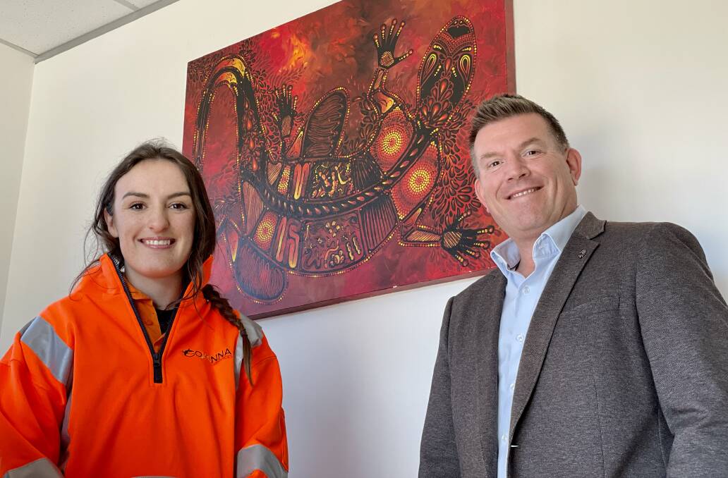 Member for the Dubbo electorate Dugald Saunders with Jaz Robertson at Goanna Services office in Dubbo. Picture: Supplied 