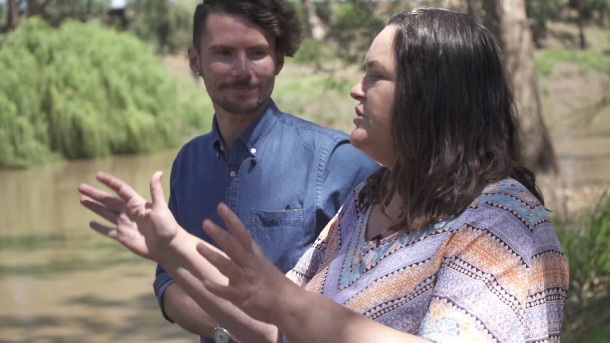 DOCUMENTARY: Film maker Jed Coppa having a chat with Dubbo Healthy Rivers Ambassador Mel Gray down at Terramungamine. Picture: SUPPLIED 