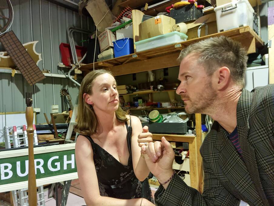 In rehearsal, Annabella Schmidt (Linzi Aland) makes a deal with Richard Hannay (Al Smith). Picture supplied. 