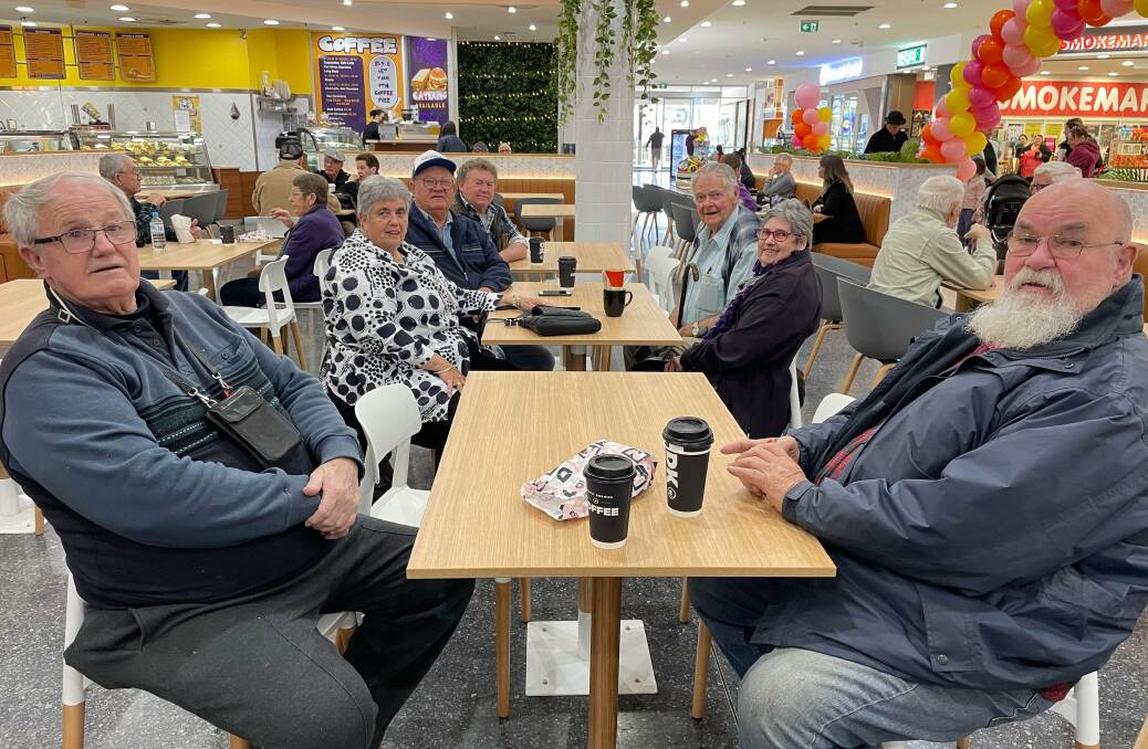 Ron Taylor, Ian Rindfleish and their group of friends meeting at the new food court in Dubbo Square. Picture: Ciara Bastow 
