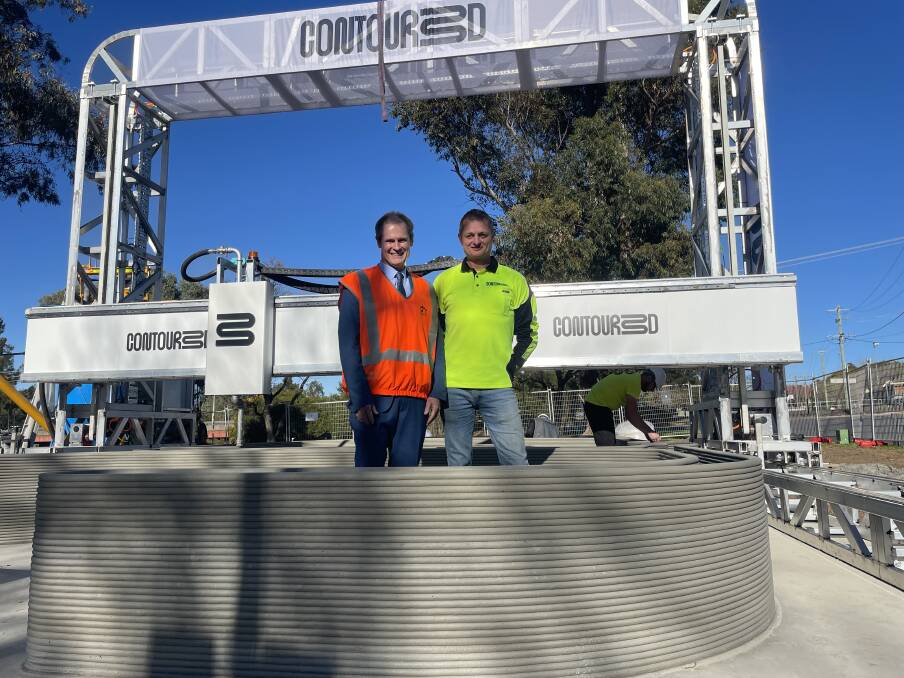 Dubbo Mayor Mathew Dickerson with Contour3D CEO Nick Holden inside the 3D printed walls of the new amenities at Lions Park. Picture by Ciara Bastow 