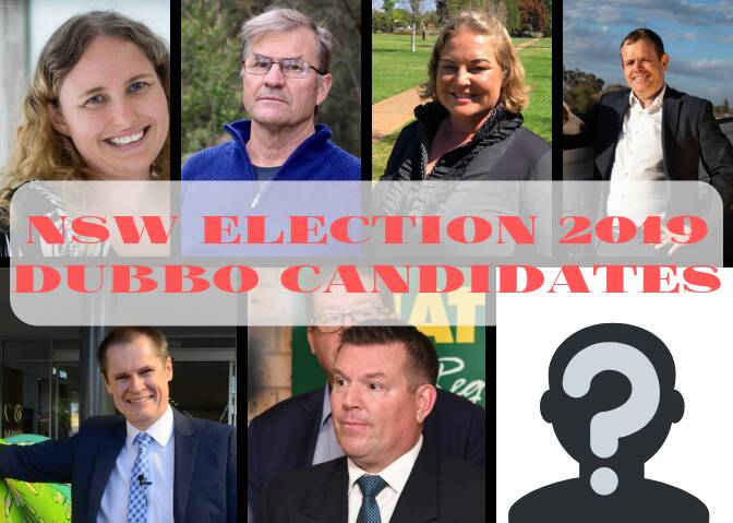 Candidates for the Dubbo Election clockwise from the top left: Joanne Coterill, Rod Pryor, Lara Quealy, Stephen Lawrence, Dugald Saunders and Mathew Dickerson. The silhouette marks April Salter who has been unreachable. 