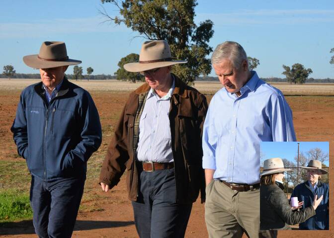 DROUGHT: Prime Minister Malcolm Turnbull, Federal Member for Parkes Mark Coulton, Deputy Prime Minister Michael McCormack. INSET: Mr Turnbull talking to One Bucket's Edwina Robertson. 