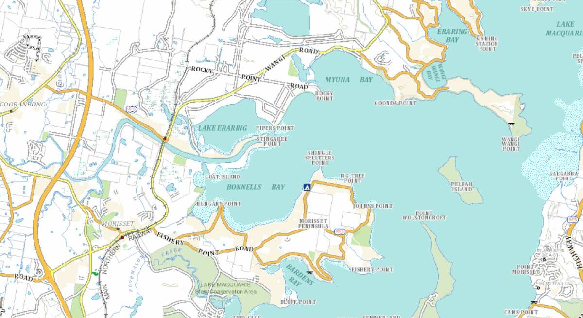 LAKE SURPRISE: Morisset peninsula in the centre of the map, with Bonnells Bay and Eraring Power station to the left hand side. Rick Burbury was attacked just south of the blue icon marking the Crusader Christian camp. The shark video was taken just north of the closest headland, Shingle Splitters Point.