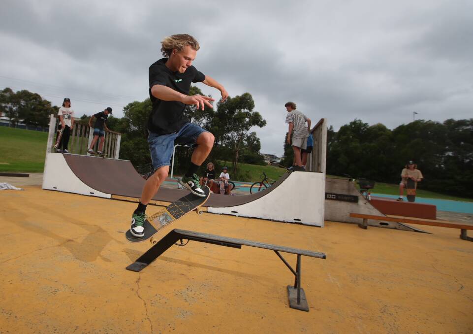 Homegrown: Oscar Simmonite trying out the DIY skate park built by locals in Port Kembla. Picture: Sylvia Liber