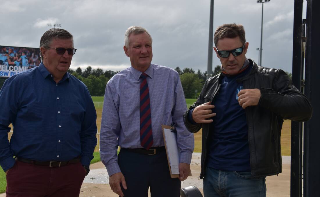 DISCUSSIONS: Council candidate Des Kennedy, general manager Brad Cam and NSW Blues coach Brad Fittler at Glen Willow Sporting Complex. Picture: JAY-ANNA MOBBS