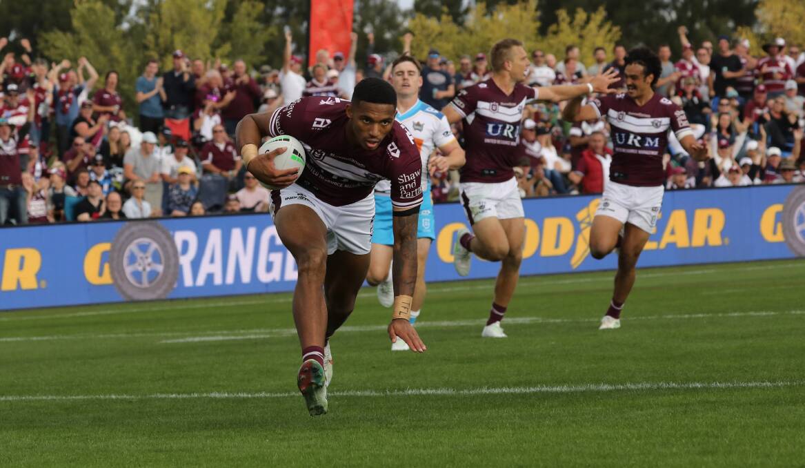 TRY TIME: Manly Sea Eagles winger Jason Saab is keen for this weekend after scoring two tries in his side's win at Mudgee last year. Picture: Simone Kurtz