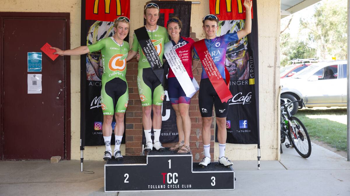 TOO GOOD: Kurt Eather (second from left) won Sunday's Barry O'Hagan Handicap, with Liam White (left) second and Cameron Rogers (far right) third, while Kim Lueck (second from right) was first female to finish. Picture: Madeline Begley
