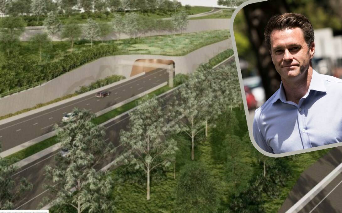 An "indicative visual concept" of the Blackheath portal for the twin tunnels to Little Hartley looking westbound and (inset) NSW Opposition leader Chris Minns.
