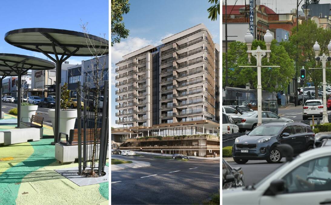 An outdoor dining zone in Orange (left), a proposed 13-storey apartment tower in Dubbo (centre) and traffic in the Bathurst CBD (right).