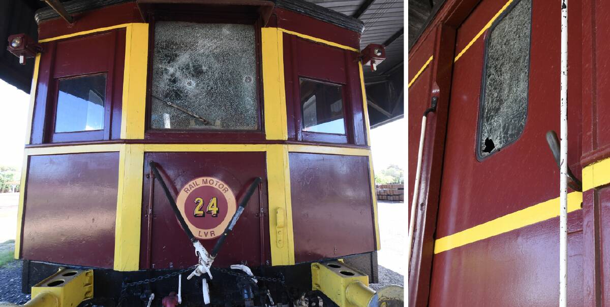 DAMAGED: A front and a side window on the historic rail motor have been damaged by rocks thrown at the vehicle while it is being stored in Orange. Photos: CARLA FREEDMAN