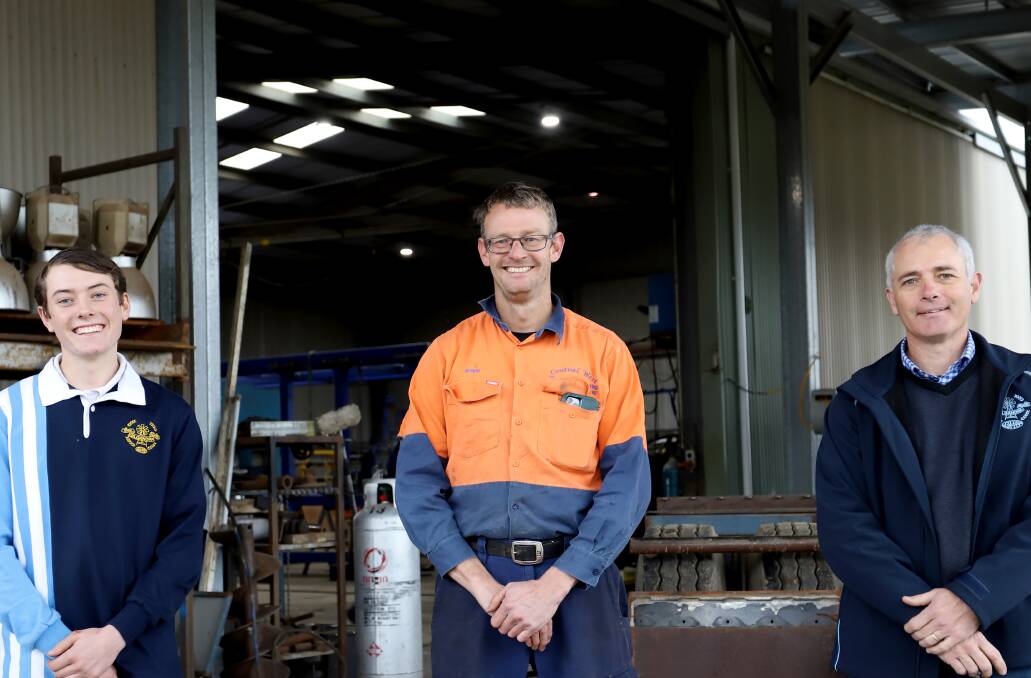 GOLD MEDAL: Brock Johnston, Central West Machining and Engineering owner Ryan Brook and Gilgandra High School head TAS teacher Russell Woollams. Photo: CONTRIBUTED