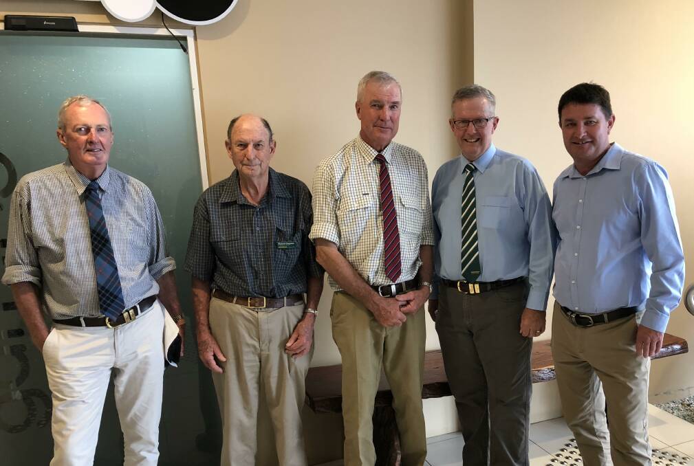 CONTEST: Member for Parkes Mark Coulton (second from right) with Parkes executive Doug McKay, Richard Chapman, chairman Warwick Knight and Barwon Candidate Andrew Schier. Photo: SUPPLIED

 
