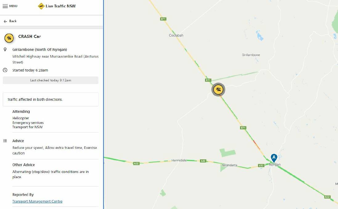 CHANGED TRAFFIC: A contra flow is in place near a serious crash north of Nyngan. Photo: LIVE TRAFFIC