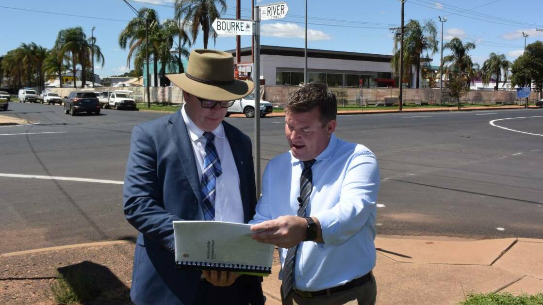 Transport for NSW acting western director Alistair Lunn and Dubbo MP Dugald Saunders along the route of the planned River Street bridge. 