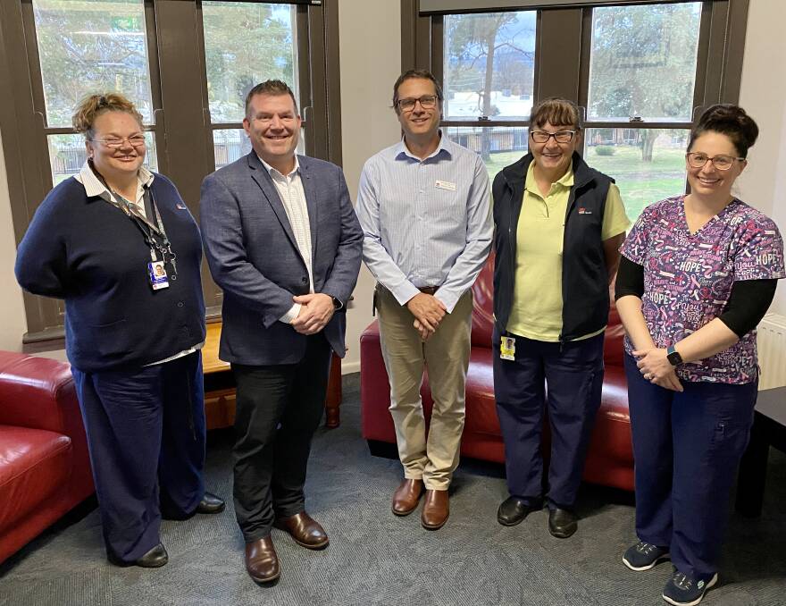 FUNDING: Member for the Dubbo electorate Dugald Saunders with Aboriginal health worker Jody Chester, health service manager Steven Dyer, wardsperson Kathy Burns and nurse unit manager Donna Brennan at Wellington Hospital. Photo: CONTRIBUTED