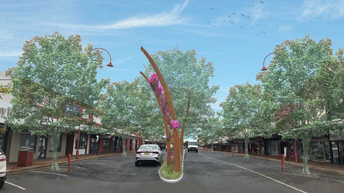 BEAUTIFICATION PLAN: A draft concept of what Talbragar Street would look like with the new trees and public art installation. Image: DUBBO REGIONAL COUNCIL