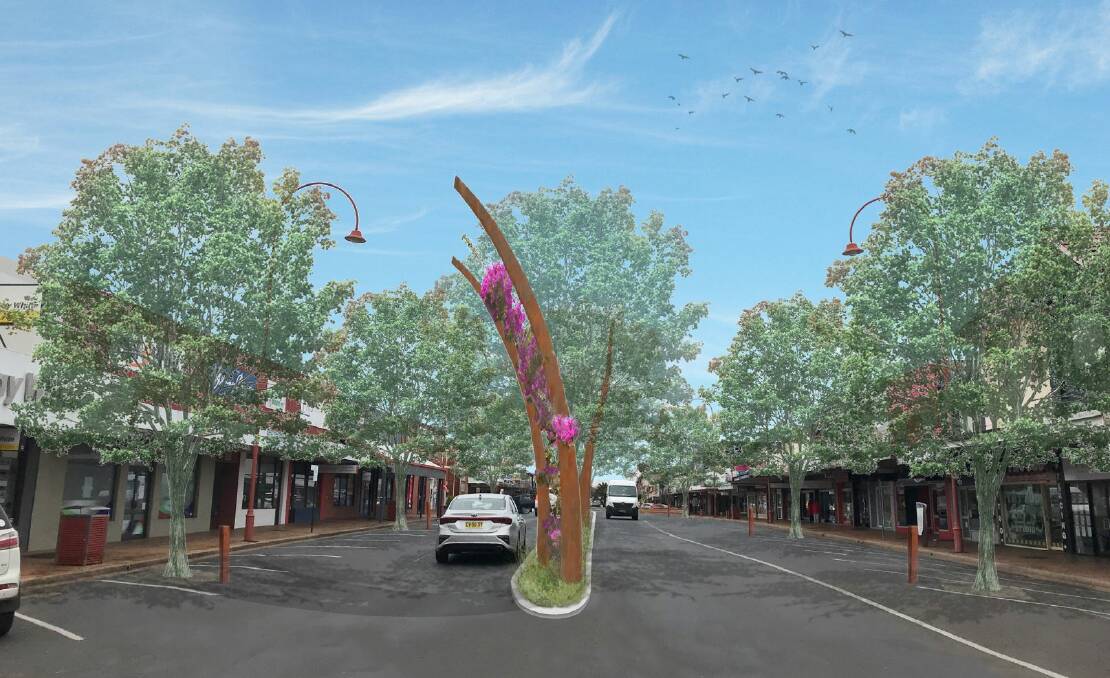 DESIGN: A draft concept of what Talbragar Street would look like with the new trees and public art installation. Image: DUBBO REGIONAL COUNCIL