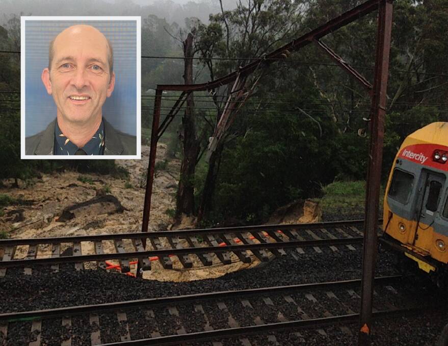 NO GO ZONE: Dubbo man Paul Kamlade (inset) was aboard a train stopped by the landslide has praised Sydney Trains staff for how they handled the situation. Photo: SYDNEY TRAINS