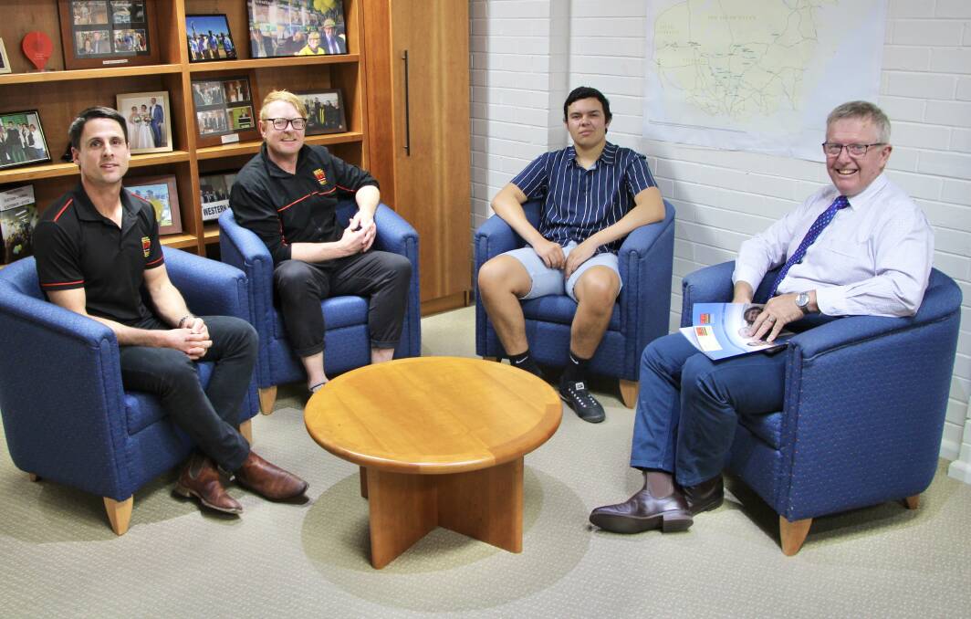 Clontarf Foundation Regional Manager Central West Robert Clements, Employment Officer Chad Parkes, Alumni Malakai Gibbs and Member for Parkes Mark Coulton. 