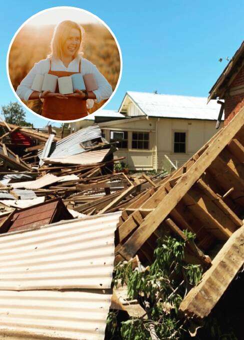 Devastating: The Rural Trader founder Kat Porter (inset, photo: Georgie Newton Photography) and debris from the shed that collapsed in the storm. Photo contributed.