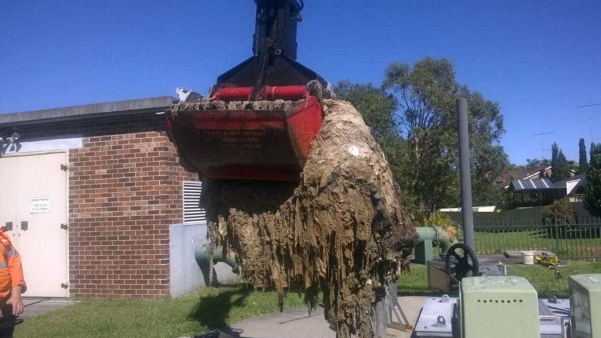 THIS COULD HAPPEN: Enormous clusters of wet wipes that have been flushed down toilets have created 'fatbergs' that clogged sewer pipes, including a one-tonne cluster that blew out a pumping station near Lake Macquarie in 2016. Photo: SYDNEY WATER