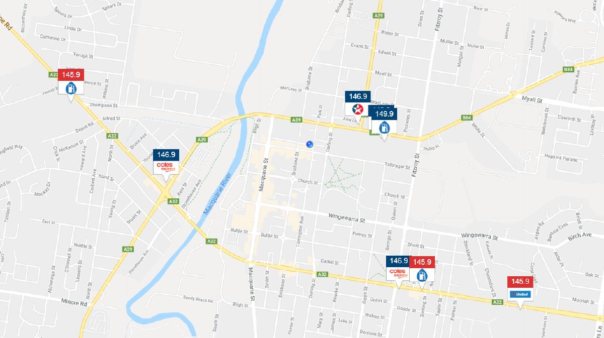 The prices of Diesel fuel in Dubbo via the Government's Fuel Check website on Thursday, May 17. Image: FUEL CHECK
