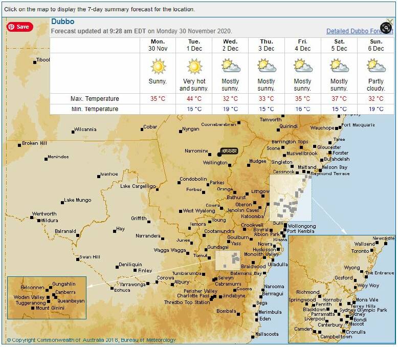 The seven-day forecast for Dubbo during the first week of summer. Photo: BOM