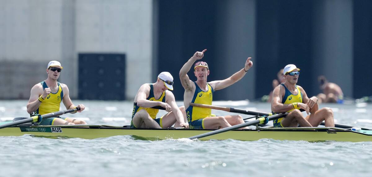 WINNERS: Alexander Purnell, Spencer Turrin, Jack Hargreaves and Alexander Hill of Australia celebrate after winning the Men's Four final at the Rowing events of the Tokyo 2020 Olympic Games at the Sea Forest Waterway in Tokyo, Japan, 28 July 2021. Photo: EPA/KIMIMASA MAYAMA