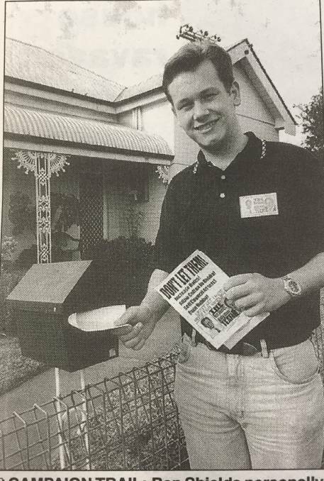 ON THE TRAIL: 18-year-old Ben Shields delivering campaign brochures in September 1999.