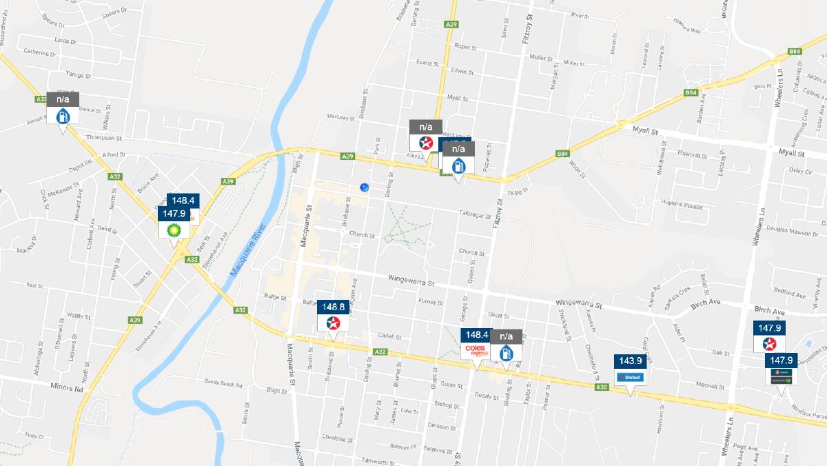The prices of E10 fuel in Dubbo via the Government's Fuel Check website on Thursday, May 17. Image: FUEL CHECK