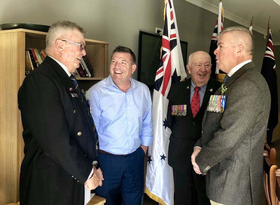GRANTS OPEN: Dugald Saunders with Dubbo veterans Tom Gray, Bert McLellan and Clint Grose on Anzac Day 2019. Photo: CONTRIBUTED