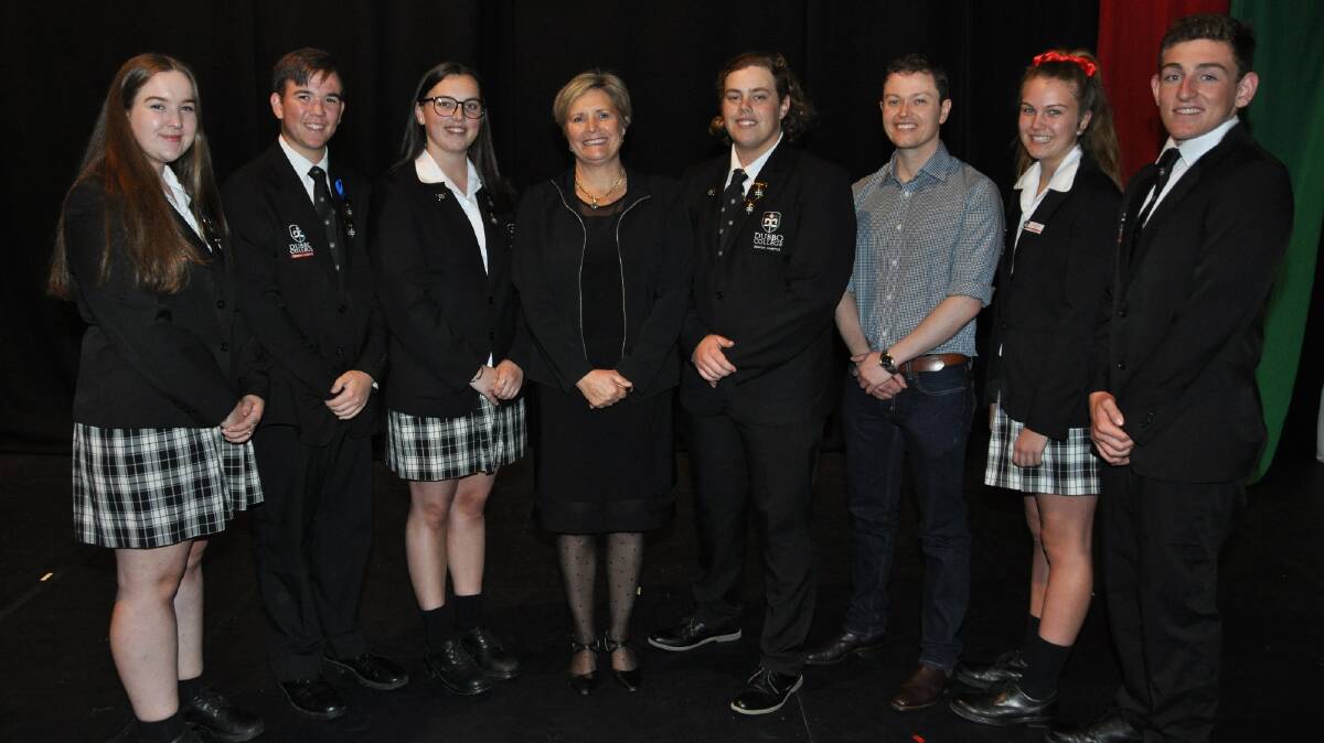 PRESENTATION NIGHT: Dubbo College executive principal Stacey Exner and special guest speaker Sam Stapleton, with captains Charlotte and Harrison Crowfoot, Grace Gower, Thomas Nelson, Lucy Roberts and Darcy Wood.