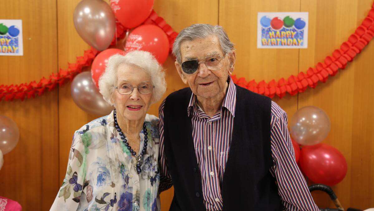 HAPPY: Pattie and Cyril Blowes in Shoal Bay last year celebrating Mr Blowes' 106th birthday party. He turned 107 this year. Photo: Ellie-Marie Watts