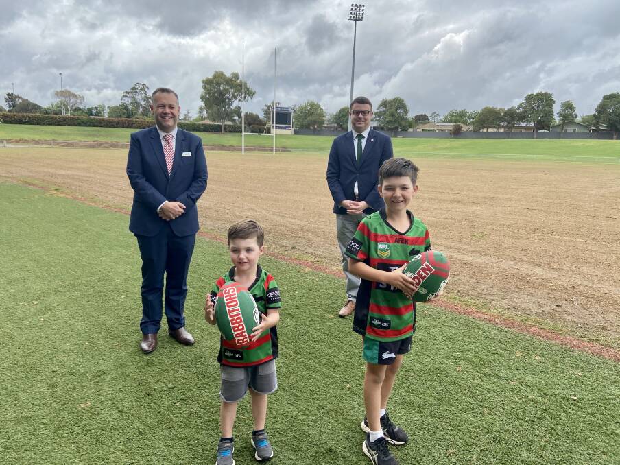 EXCITED: DRC mayor Ben Shields and South Sydney CEO Blake Solly, with top fans Lawson and Spencer Marchant. Photo: CONTRIBUTED