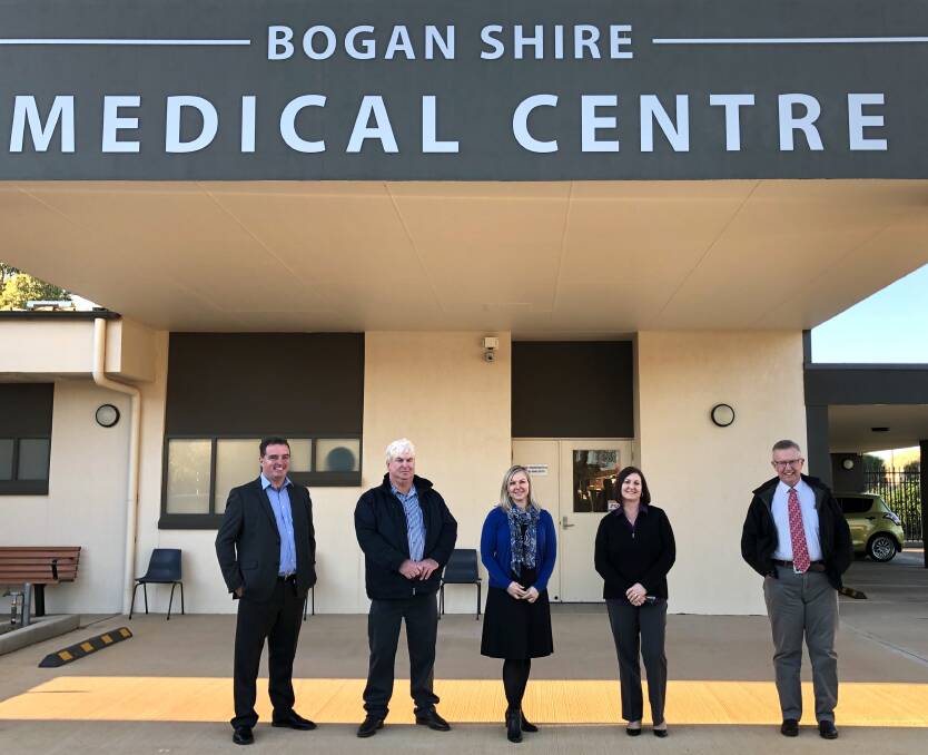 FUNDING HELP: Bogan Shire Council General Manager Derek Francis, Deputy Mayor Glen Neill, Director People and Community Services Debb Wood, Practice Manager Jemeil Wallis and Member for Parkes Mark Coulton at the centre in Nyngan. Photo: CONTRIBUTED