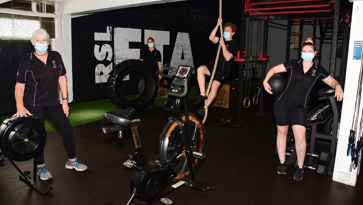 MONDAY REOPEN: Carmen and Ruby Appleby with Ji Carroll and Brittany Martin in the functional training area at the RSL. Photo: AMY MCINTYRE