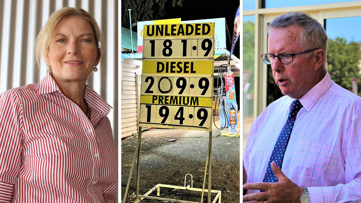 Farmer Tracey Blackburn, the price of fuel at Geurie, and Opposition MP Mark Coulton. Pictures supplied, file. 