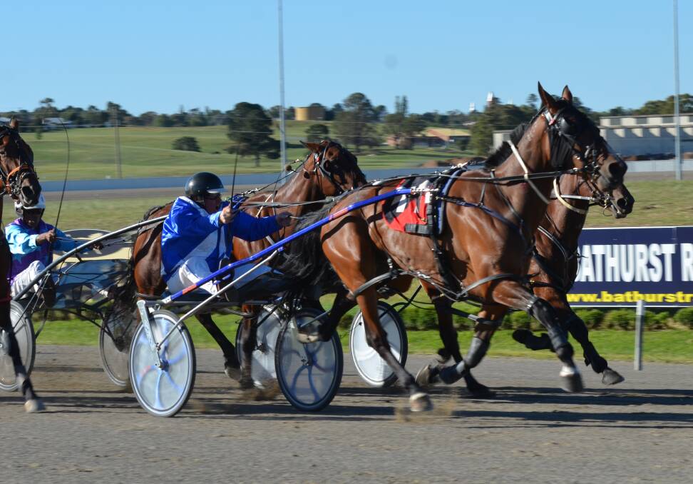 HIT THE FRONT: Glen Judd guides Blaze Edition to victory in the Harness Racing New South Wales Rewards Series Final (1,730 metres) at Bathurst Paceway on Wednesday. Photo: ANYA WHITELAW