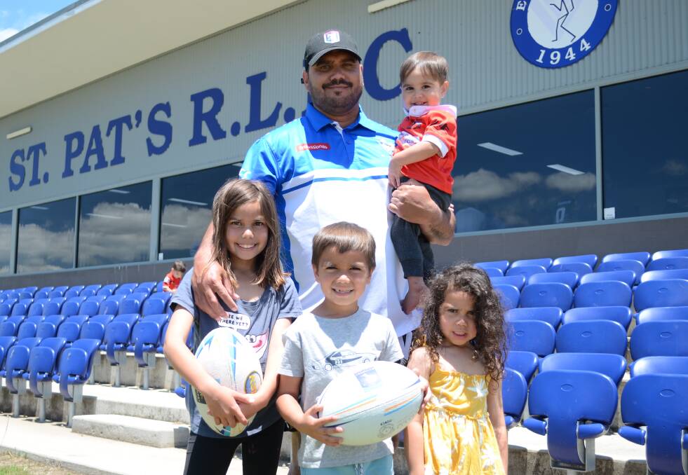 Willie Wright, pictured with his children Rhea (eight), Eli (seven), Rhys (one) and Ava (five), will line up for St Pat's in season 2023.