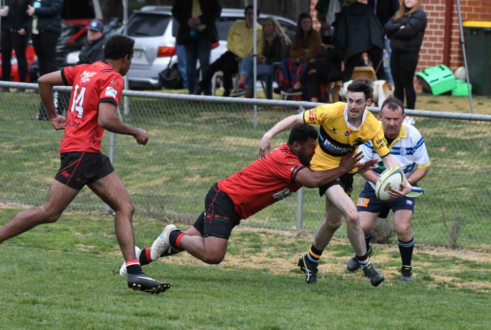Strong defence from the Gorillas helped them to a 29-7 win over CSU at University Oval on Saturday. Photos: CHRIS SEABROOK