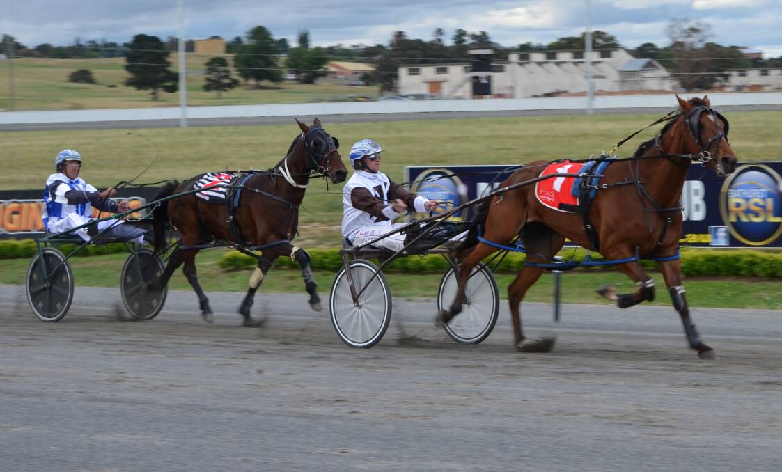 HOLDING ON: While tiring down the straight, Mat Rue and Karloo Threeothree held on to win at Bathurst on Wednesday. Photo: ANYA WHITELAW