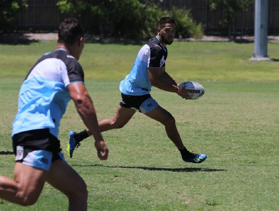WORKING HARD: William Kennedy runs through a drill during Cronulla Sharks training. The talented fullback hopes to make his NRL debut for the club in 2019.