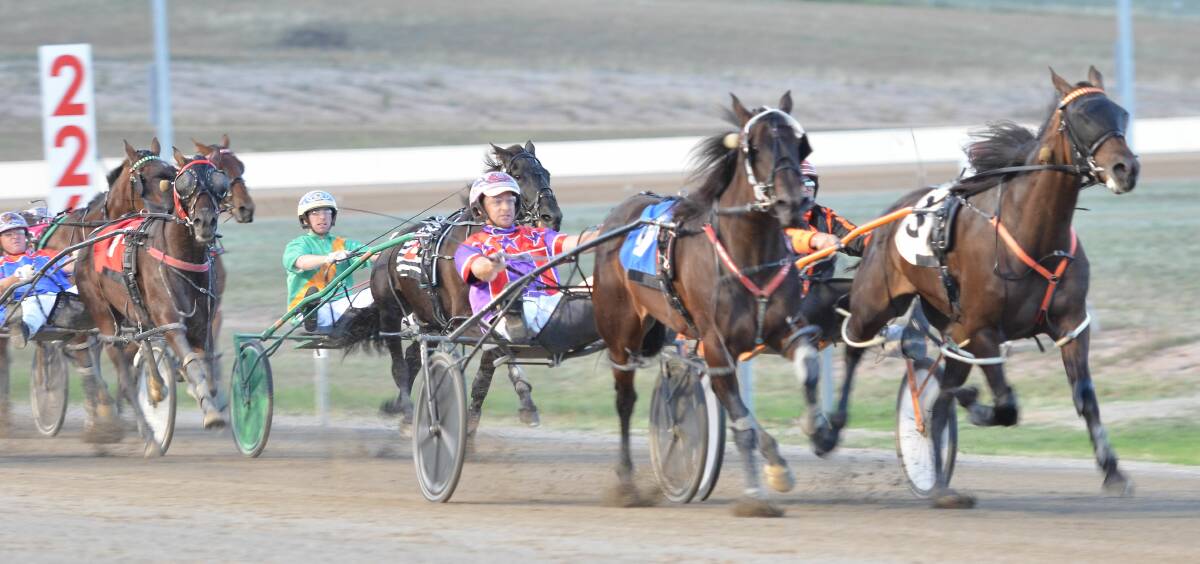 SHE'S BACK: Mat Rue (left) guides Callmequeenbee into the lead down the home straight on Friday night. Photo: ANYA WHITELAW