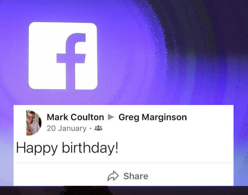 READER SCREENSHOT: A message from Mark Coulton's Facebook profile to Greg Marginson, a Dubbo man charged with child porn offences.