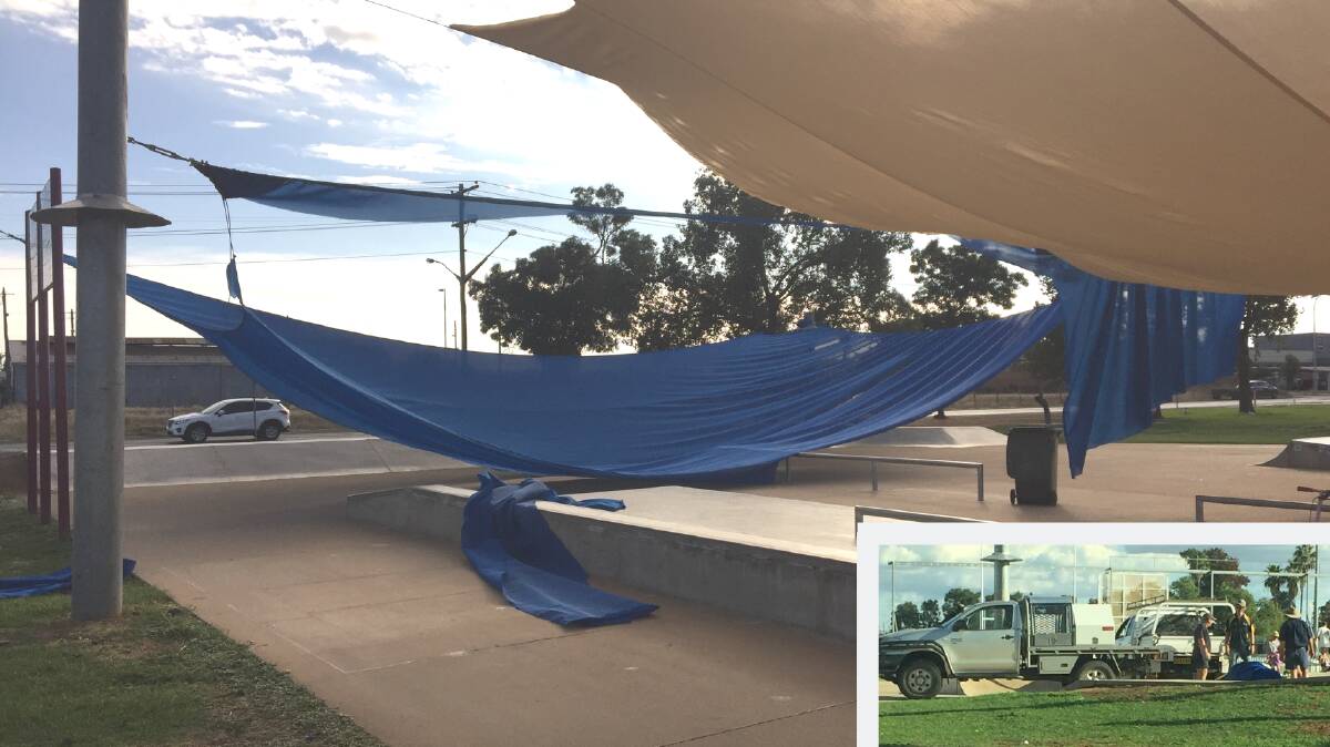 WRECKED: The destruction of shade sails at Dubbo's skate park has angered mayor Ben Shields. Inset: Dubbo Regional Council staff clean up.